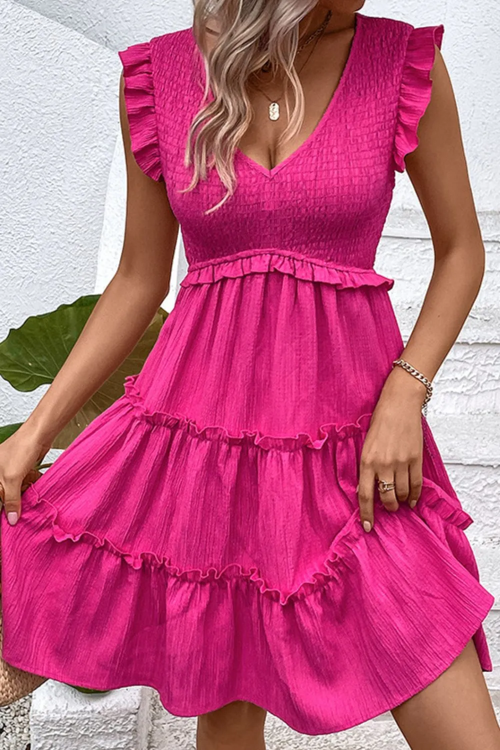 Smocked Frill Trim Deep V-Neck Dress