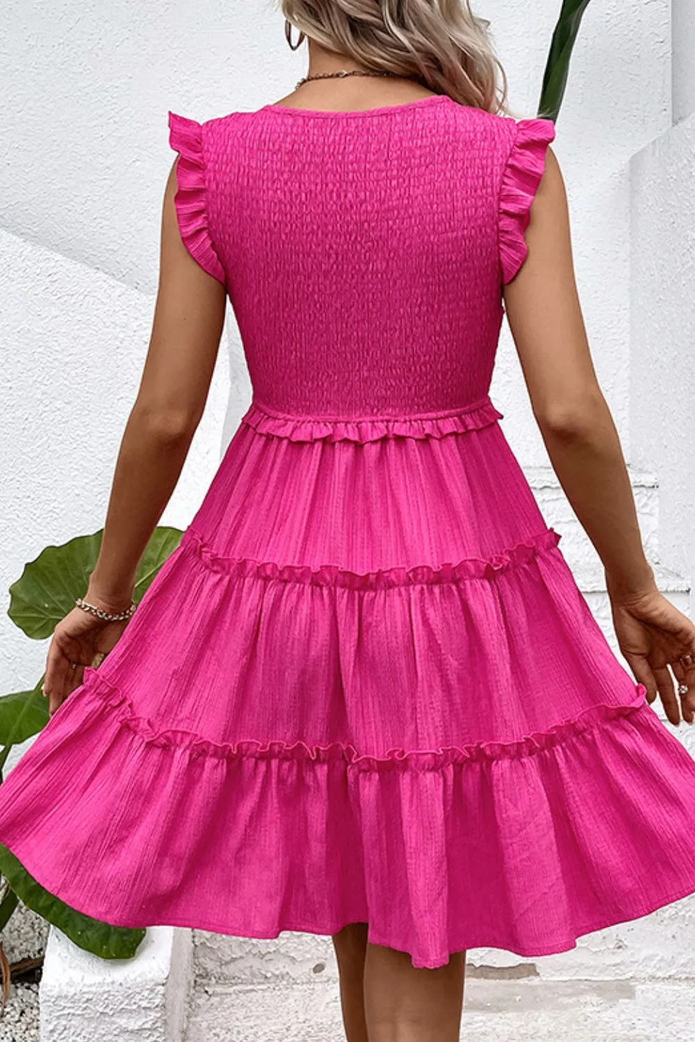 Smocked Frill Trim Deep V-Neck Dress