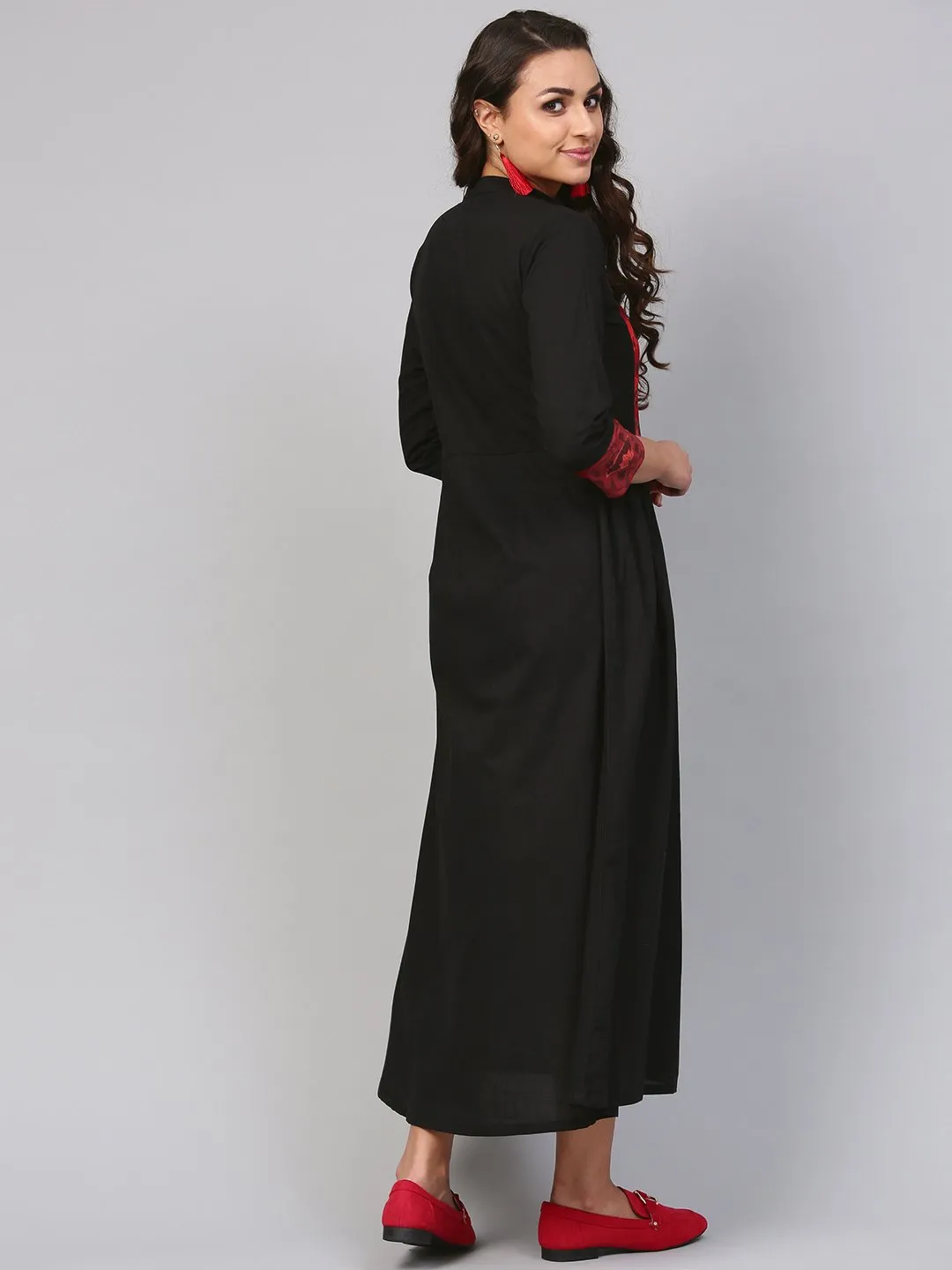 Solid Black Maxi Dress With Printed Front Yoke & Madarin Collar