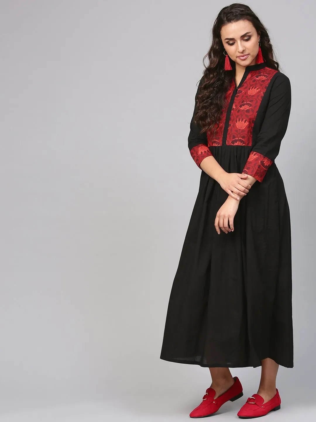 Solid Black Maxi Dress With Printed Front Yoke & Madarin Collar