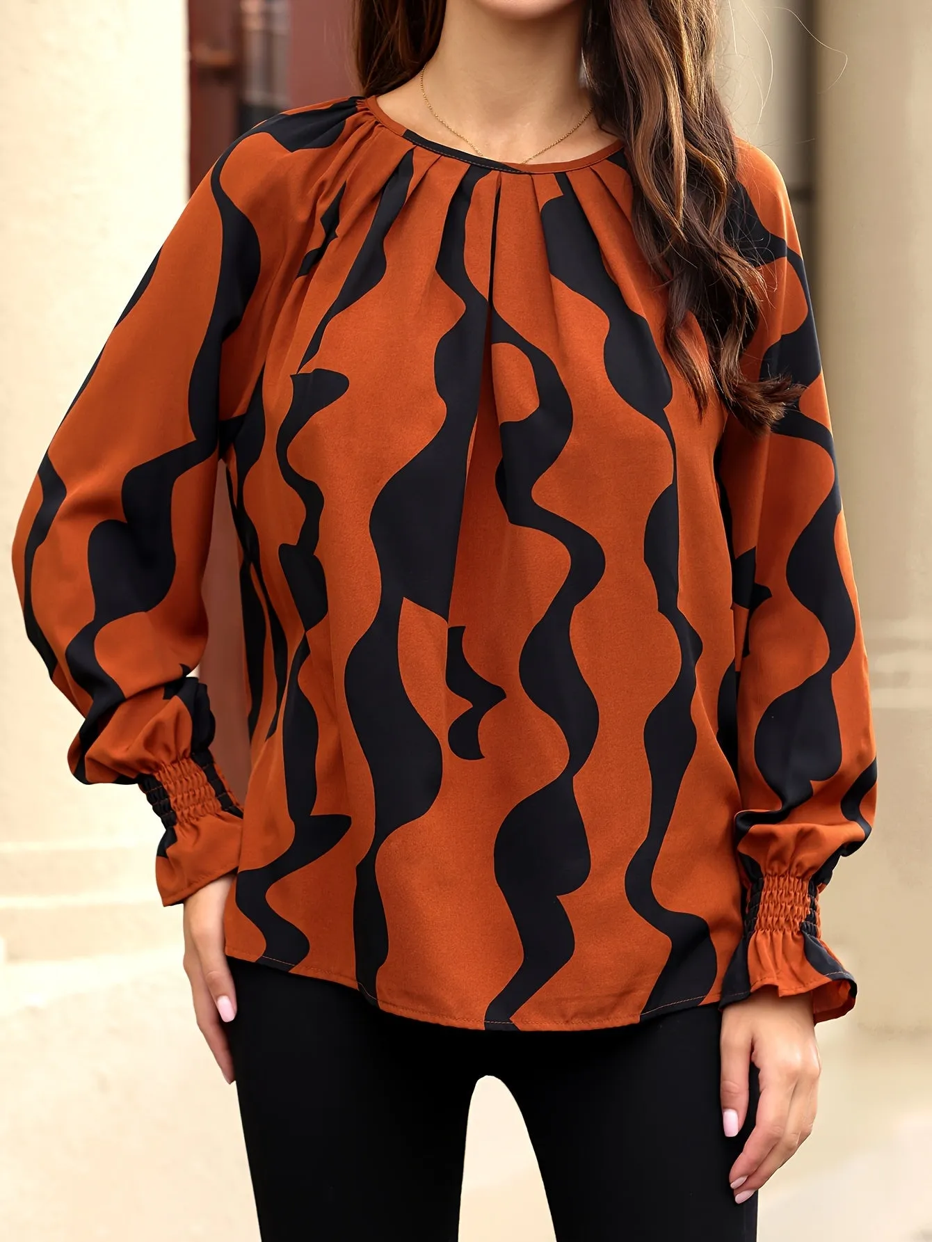 Stylish Allover Print Crew Neck Blouse for Women