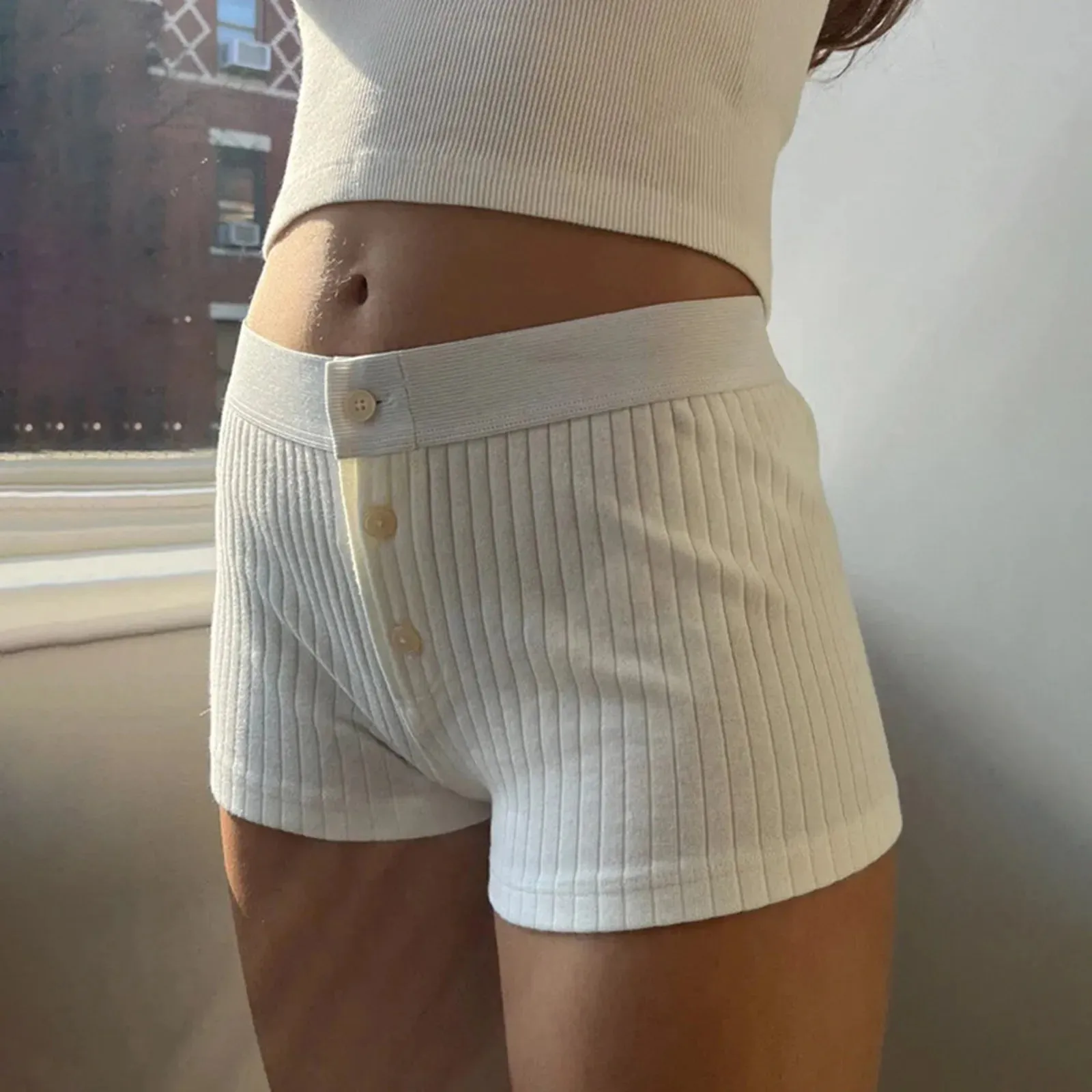 Summer Casual White Sports Short for Women Fashion Skinny Front Buttons Rib Knit Spring Short