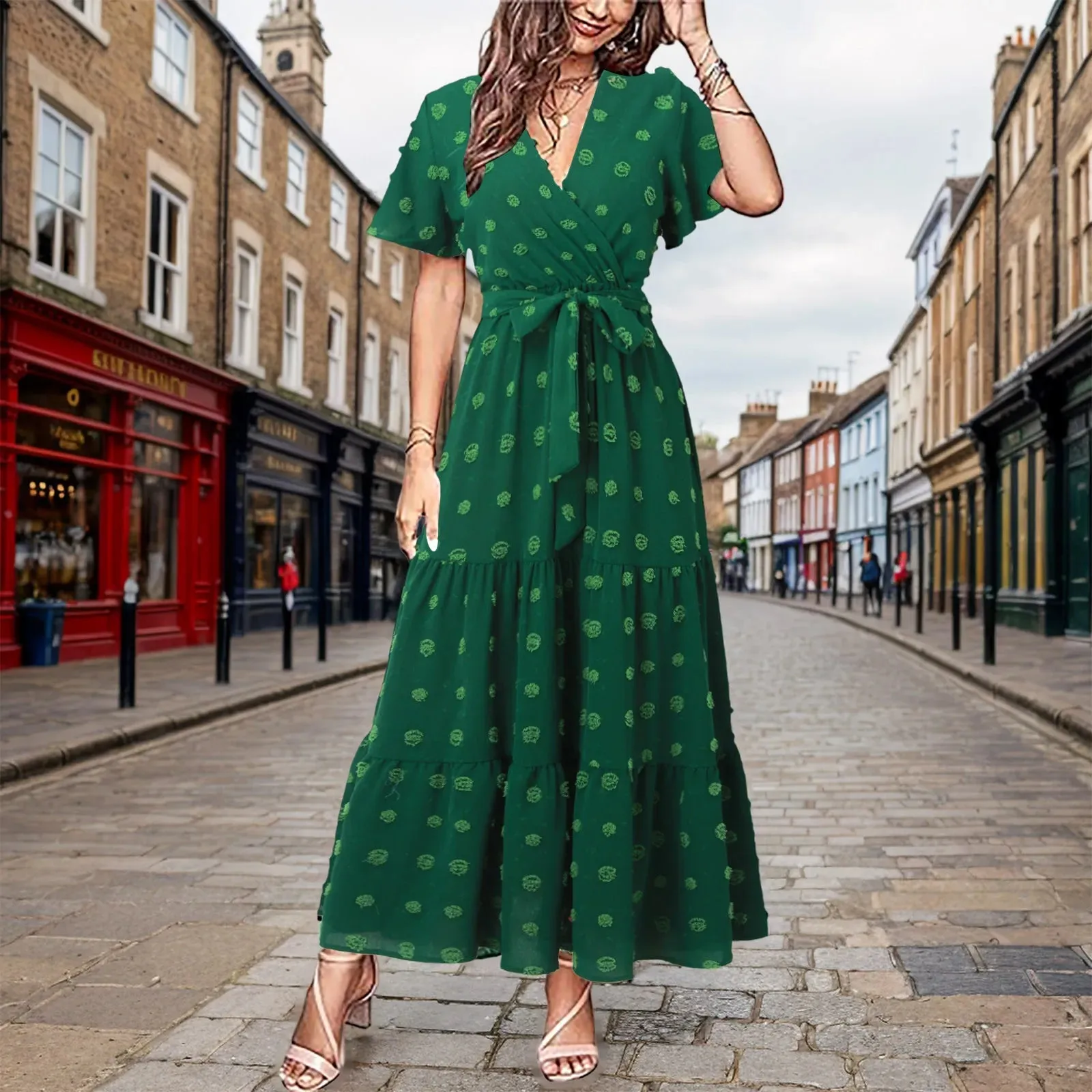 Summer Elegant Jacquard Female Boho Beach Loose Short Sleeve Lace Up Maxi Midi Green Dress