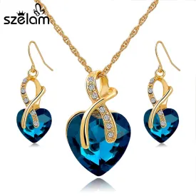 SZELAM 2016 Crystal Heart Necklace Earrings Jewellery Set for Women Bridal Wedding Accessories SET140044