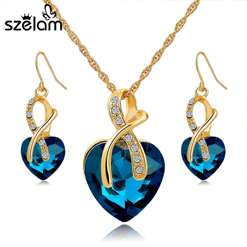 SZELAM 2016 Crystal Heart Necklace Earrings Jewellery Set for Women Bridal Wedding Accessories SET140044