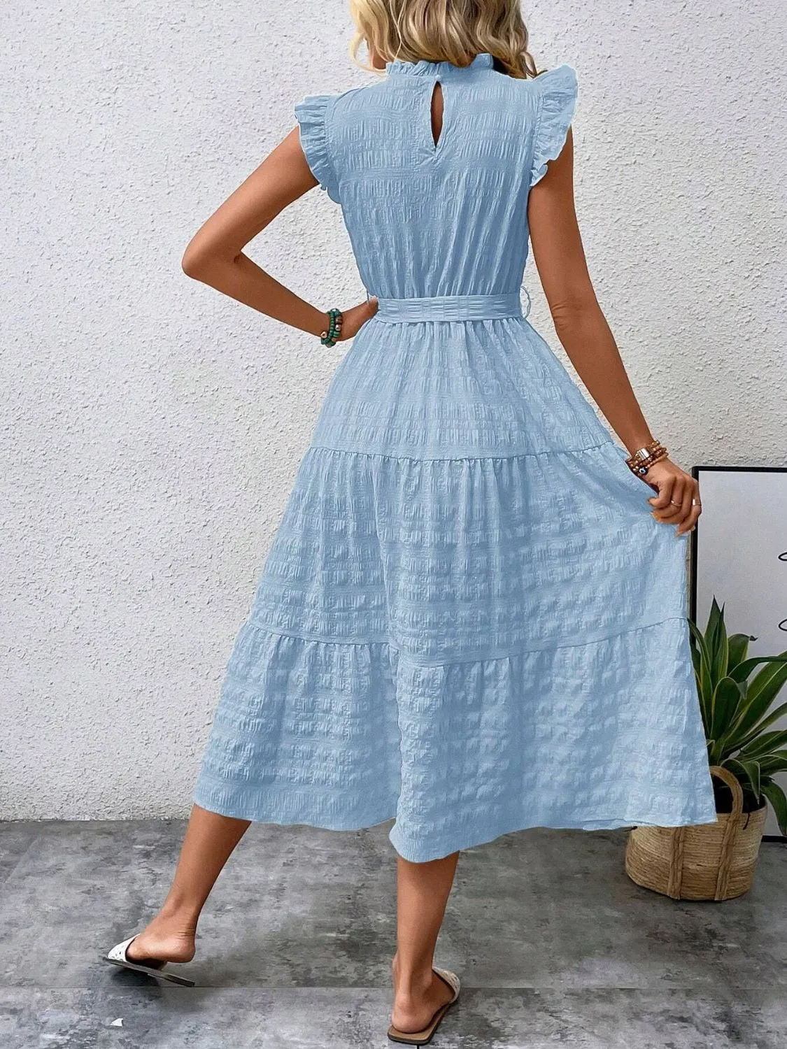 Tied Ruffled Cap Sleeve Midi Dress