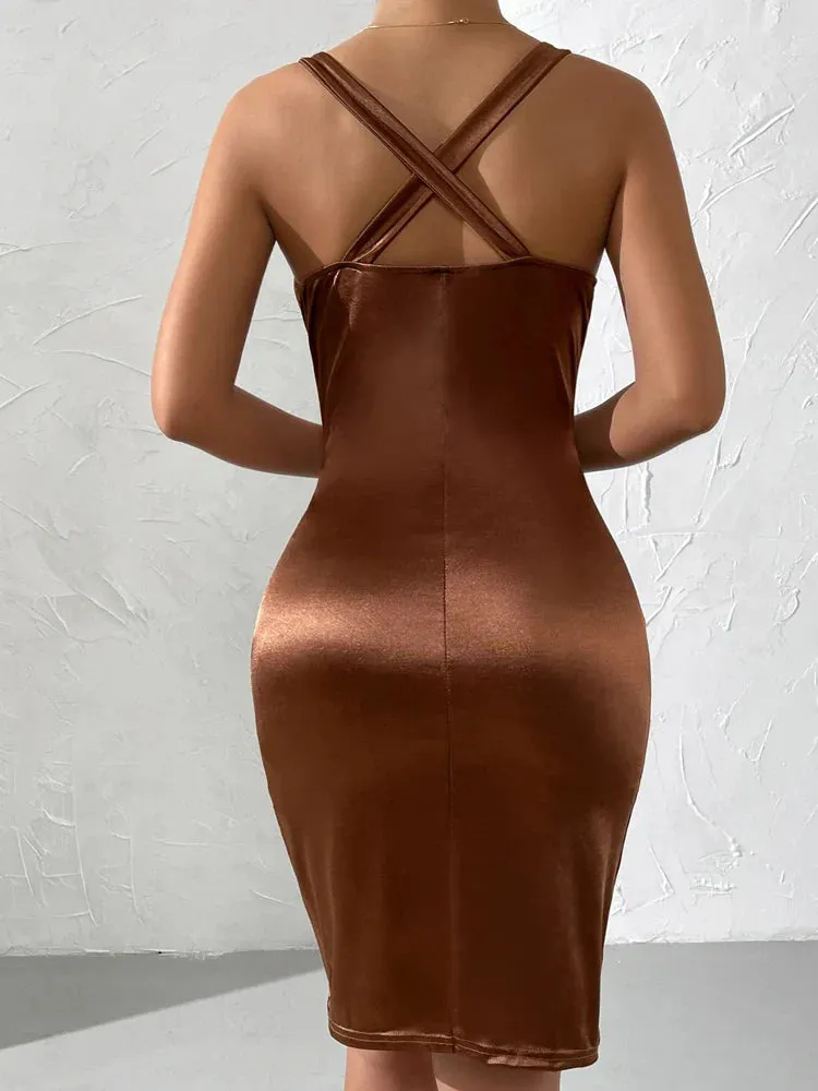 Tight Brown Short 2024 Bodycon Split Club Dresses Summer For Women Dress