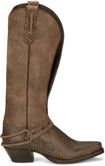 Tony Lama 15" Brown Lottie Snake Print Western Fashion Snip Toe Boots for Women