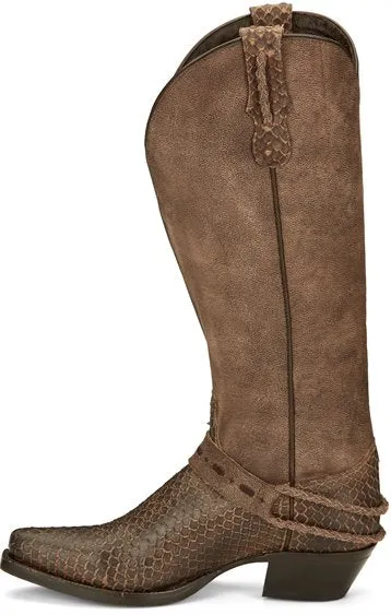 Tony Lama 15" Brown Lottie Snake Print Western Fashion Snip Toe Boots for Women