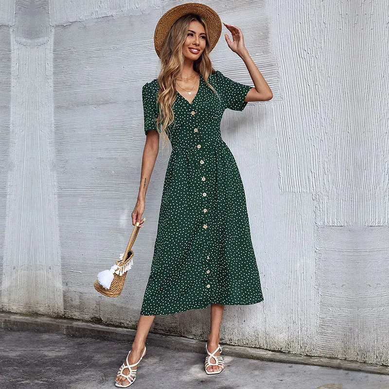 Vacation Chic Cardigan V-neck Short Sleeve Hem Slit Retro Dot Midi Dress