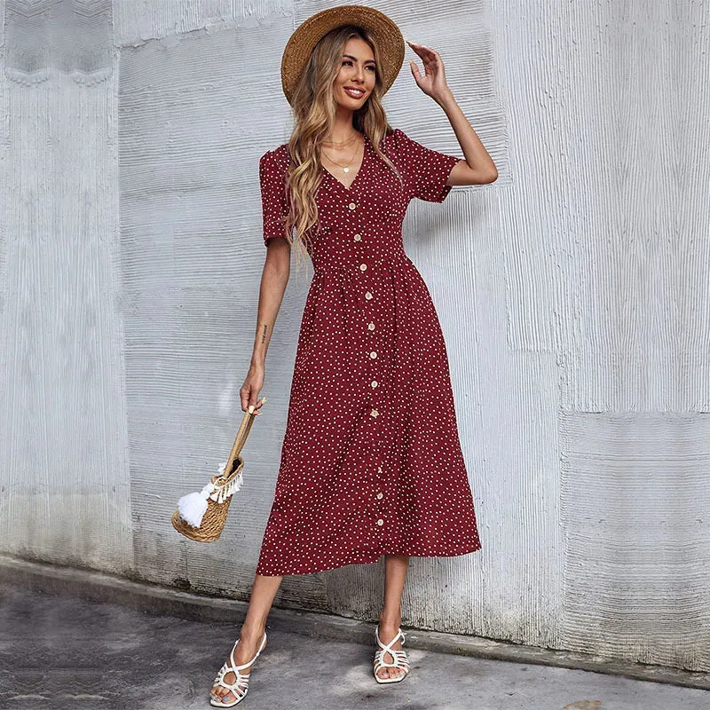 Vacation Chic Cardigan V-neck Short Sleeve Hem Slit Retro Dot Midi Dress