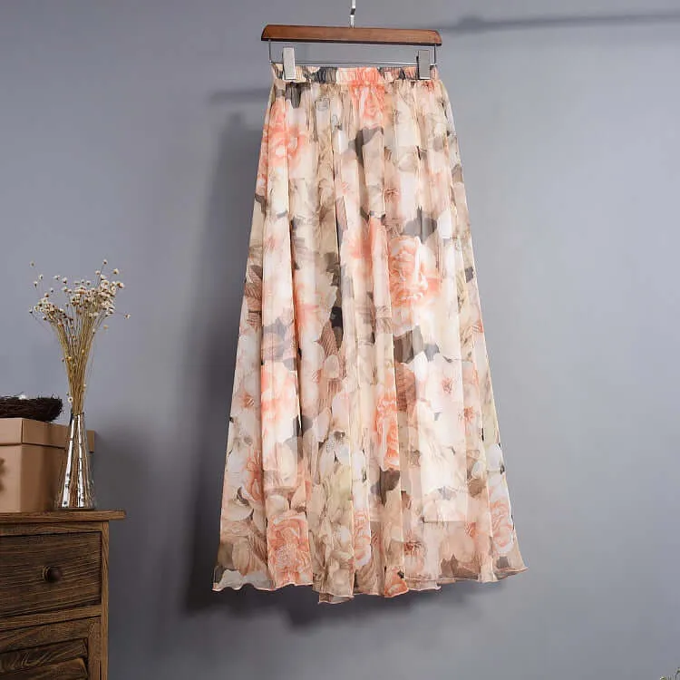 Vintage Bohemian Long Skirts Women Elegant Chiffon Saia Harajuku Beach High Waist Long Skirt Woman Clothes Faldas Tutu Vestidos