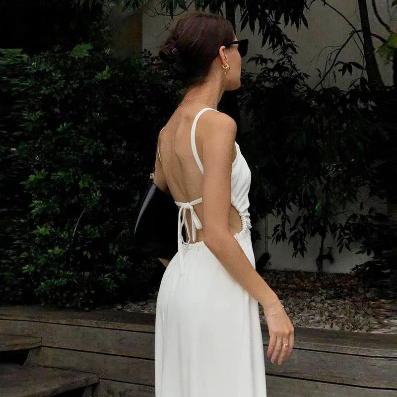 White Backless Hollow Out Bandage Spaghetti Strap Midi Dress