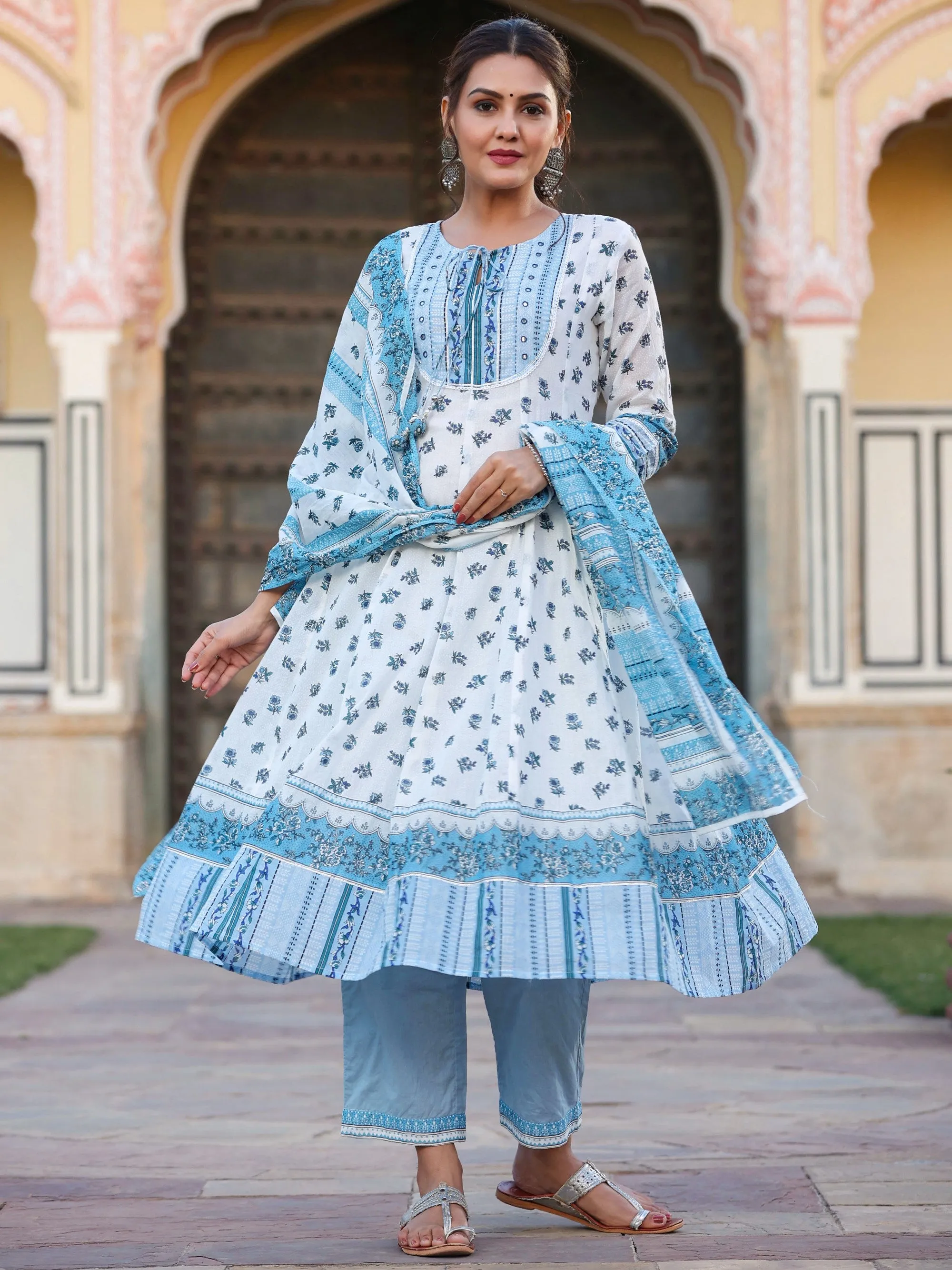 White  Printed Anarkali Flared Kurta Sets