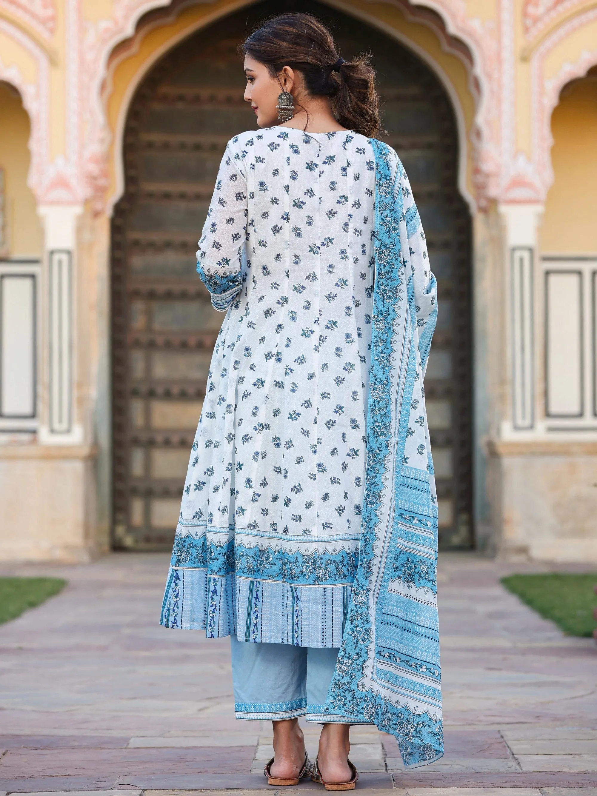 White  Printed Anarkali Flared Kurta Sets