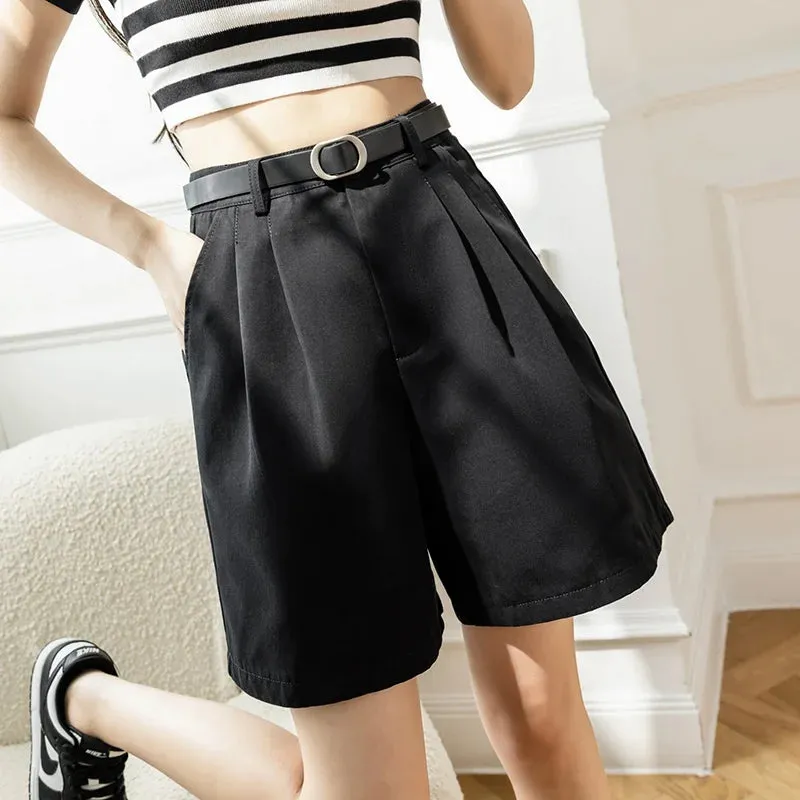 Women 2024 Summer New Pockets High Waist Wide Leg Straight Workwear Suit Shorts