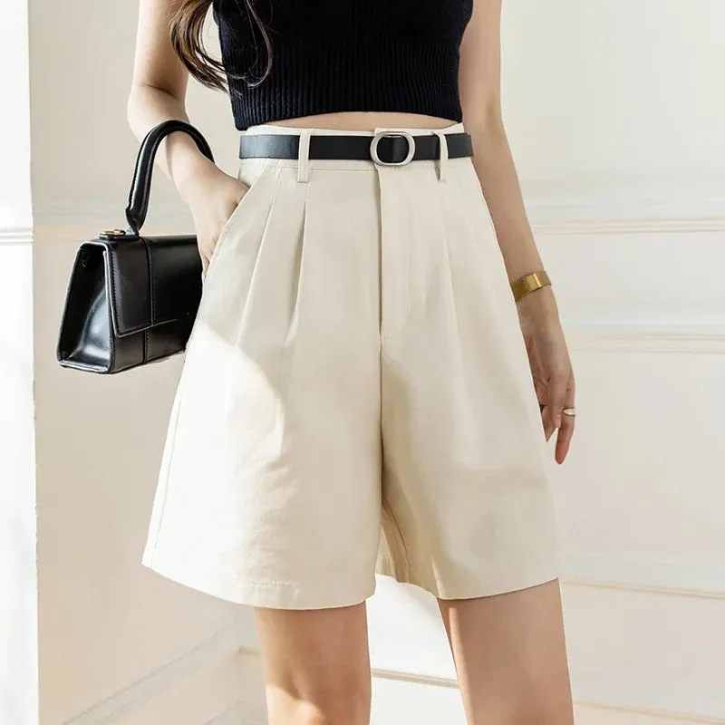 Women 2024 Summer New Pockets High Waist Wide Leg Straight Workwear Suit Shorts