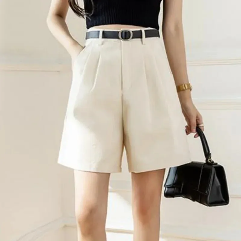 Women 2024 Summer New Pockets High Waist Wide Leg Straight Workwear Suit Shorts