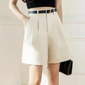 Women 2024 Summer New Pockets High Waist Wide Leg Straight Workwear Suit Shorts