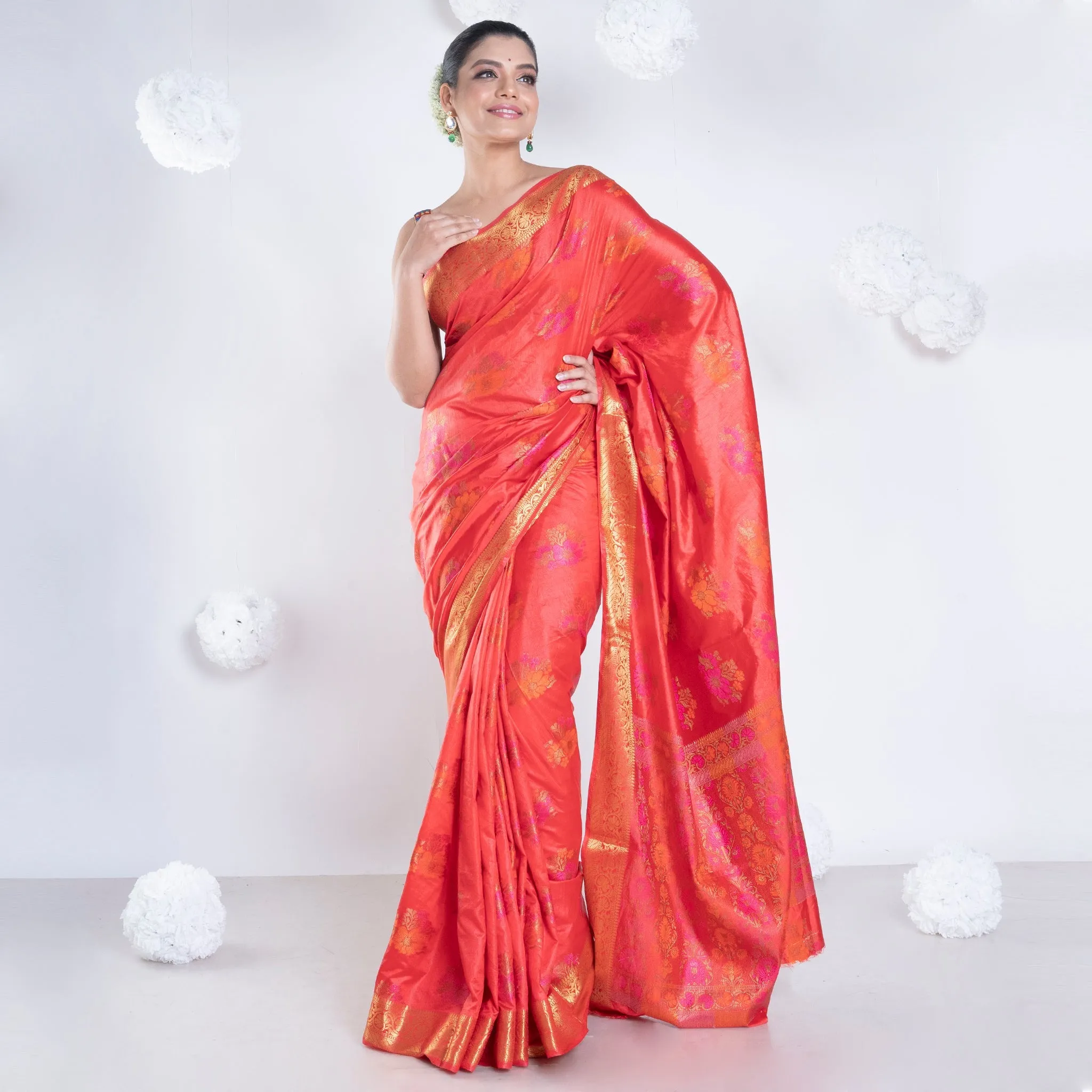 Women Banarasi Ari Silk Saree In Rust Color With Multicolor Motifs And Zari Border