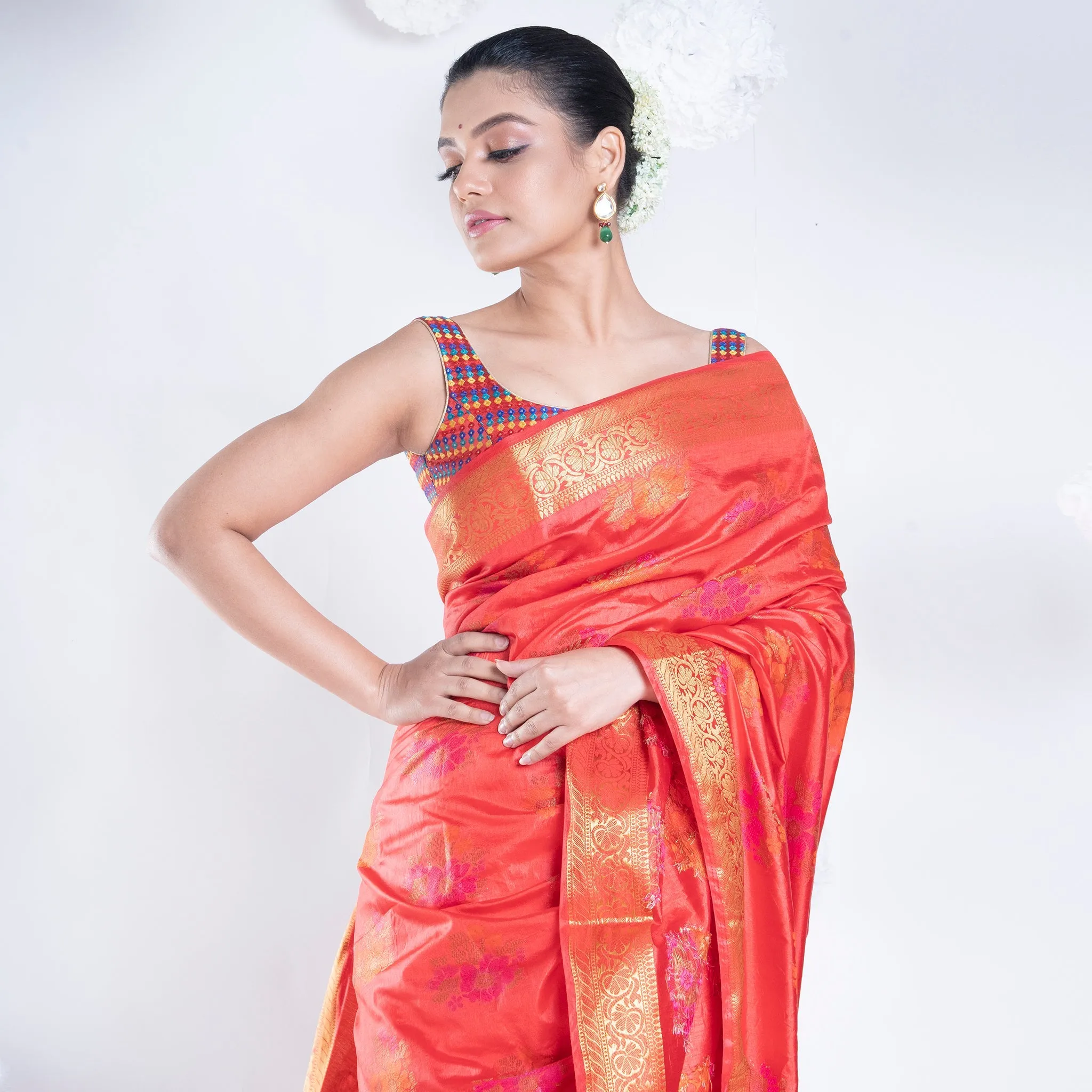 Women Banarasi Ari Silk Saree In Rust Color With Multicolor Motifs And Zari Border