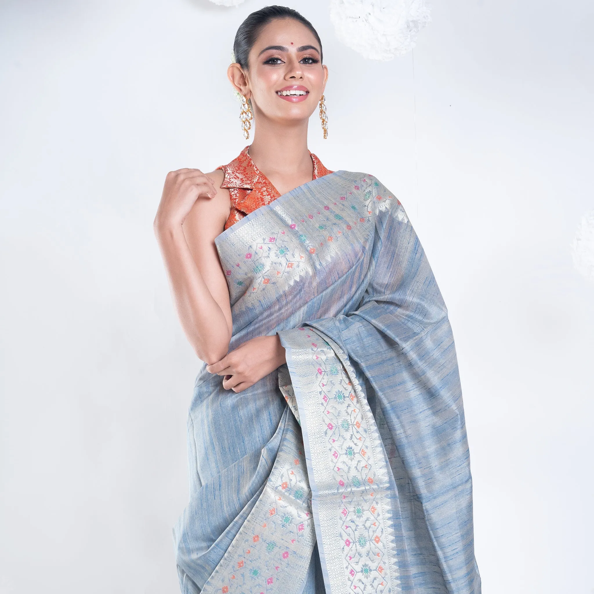 Women Banarasi Chanderi Cotton In Grey Color With Dual Shade And Zari Border