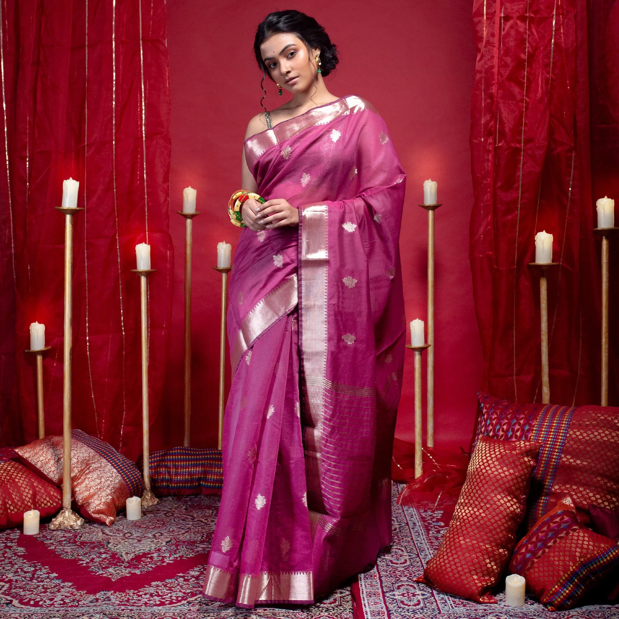 Women Banarasi Chanderi Silk Saree In Magenta Color With Tulip Zari Booti And Border