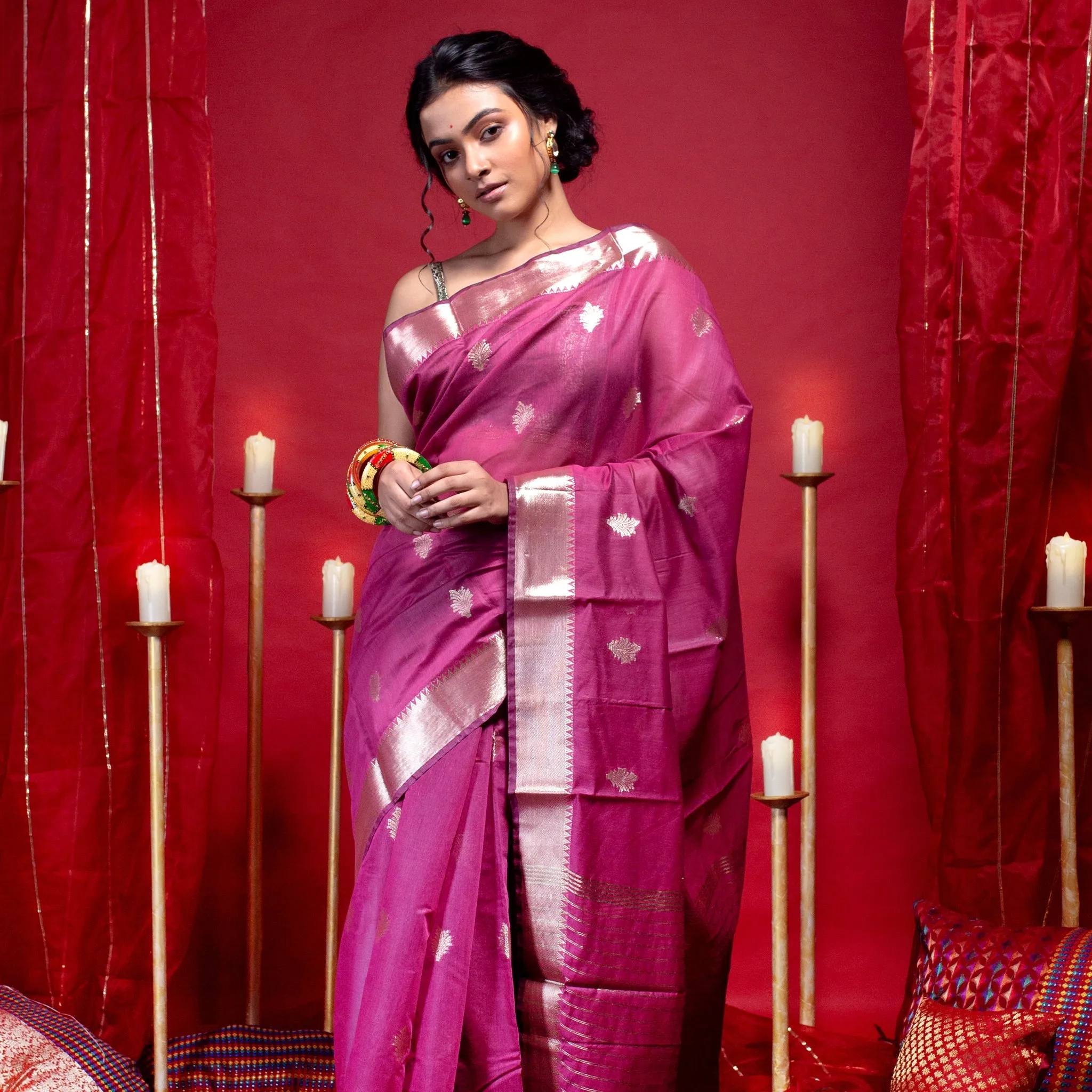 Women Banarasi Chanderi Silk Saree In Magenta Color With Tulip Zari Booti And Border