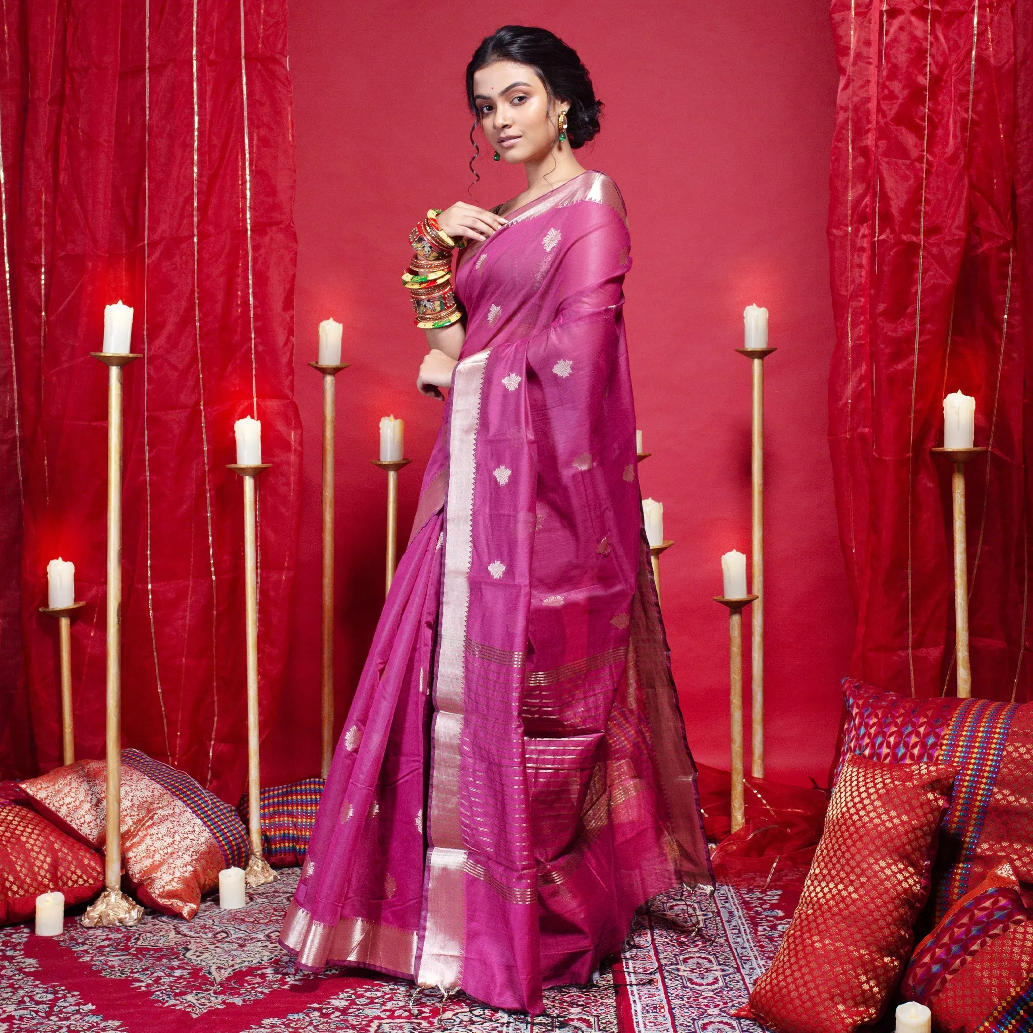 Women Banarasi Chanderi Silk Saree In Magenta Color With Tulip Zari Booti And Border