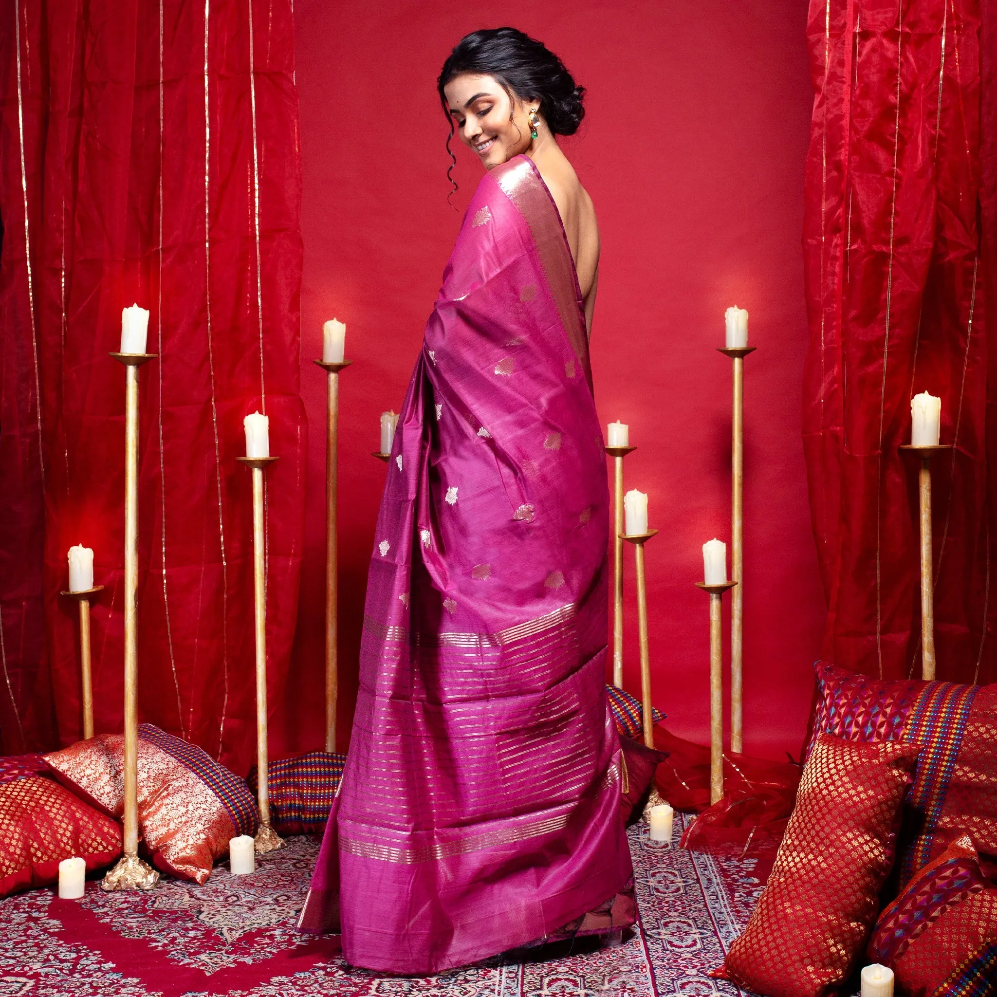 Women Banarasi Chanderi Silk Saree In Magenta Color With Tulip Zari Booti And Border