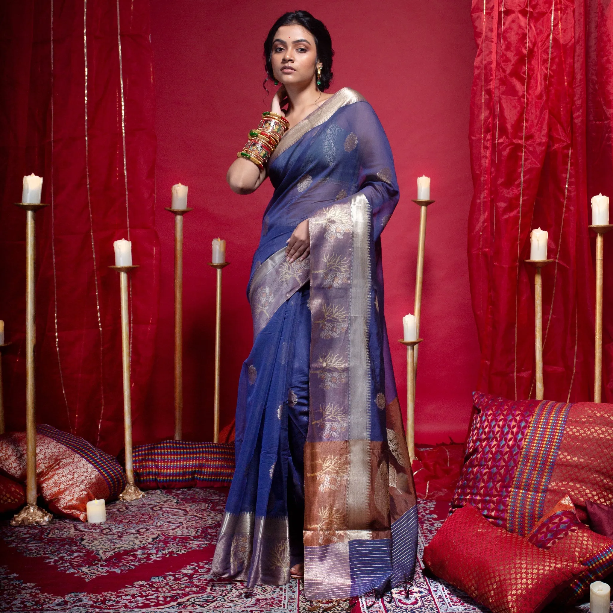 Women Banarasi Kora Organza Silk Saree In Blue Color With Zari Upwan Motifs And Border