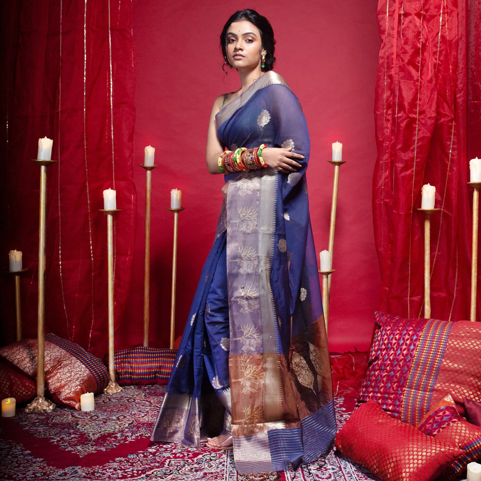 Women Banarasi Kora Organza Silk Saree In Blue Color With Zari Upwan Motifs And Border