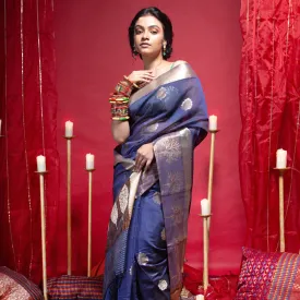 Women Banarasi Kora Organza Silk Saree In Blue Color With Zari Upwan Motifs And Border