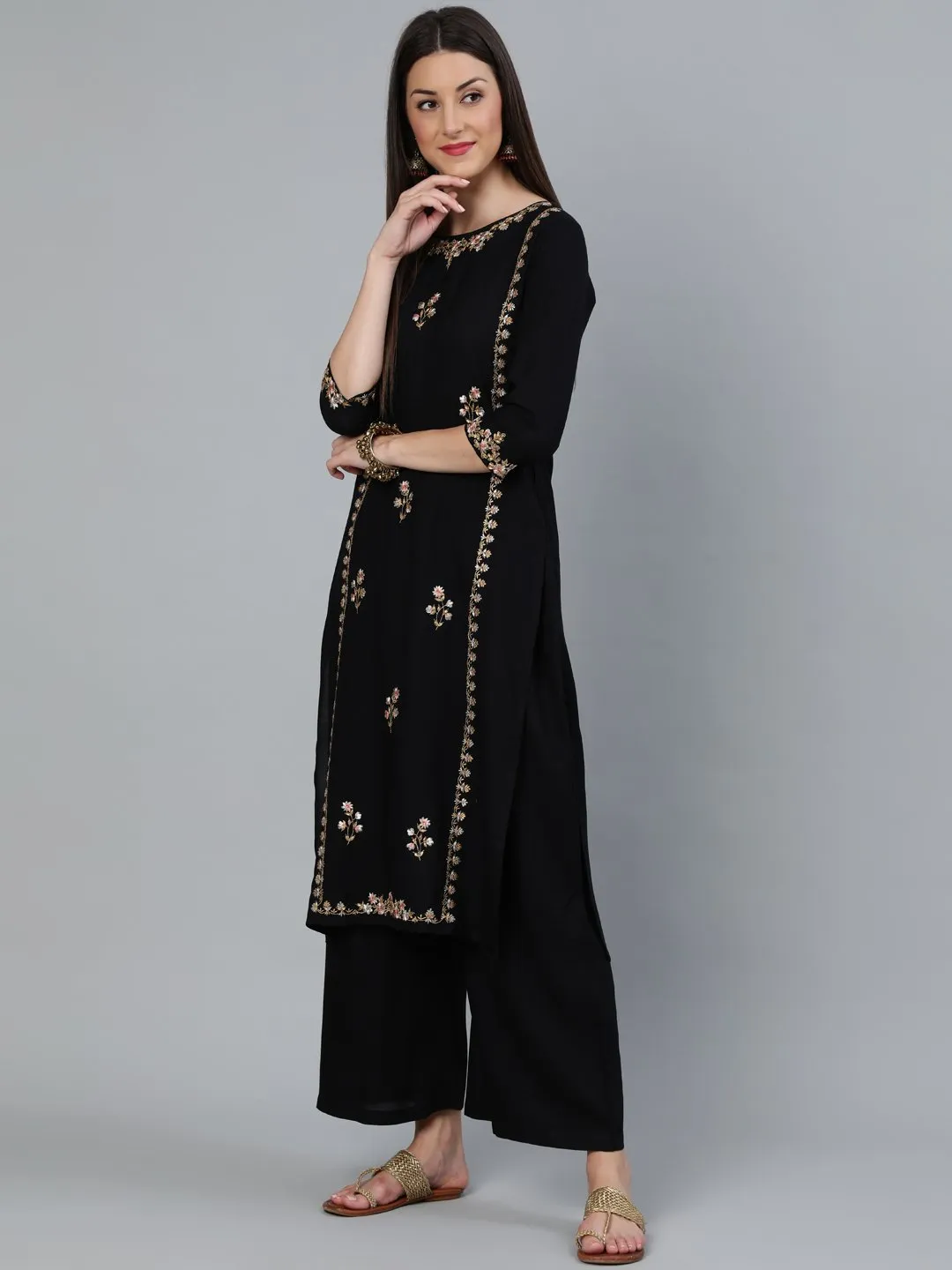 Women Black & Peach Embroidered Straight Kurta Plazzo & Organza Dupatta