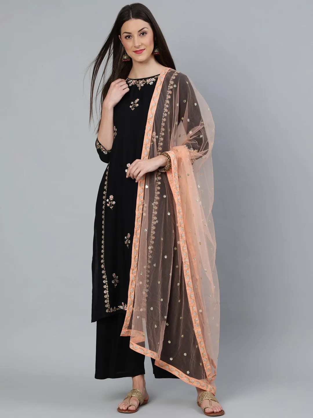 Women Black & Peach Embroidered Straight Kurta Plazzo & Organza Dupatta