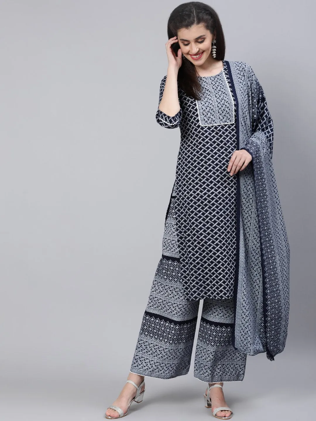 Women Black & White Printed Straight Kurta With Plazo & Dupatta