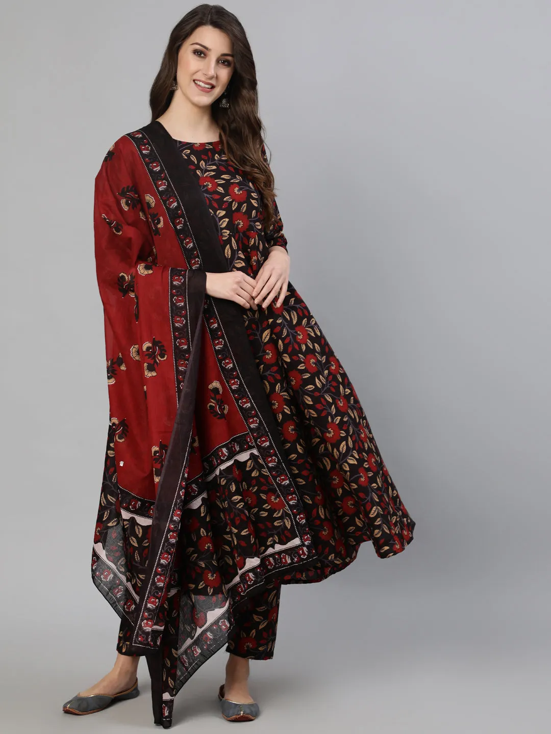 Women Black And Maroon Floral Printed Kurta With Trouser & Dupatta