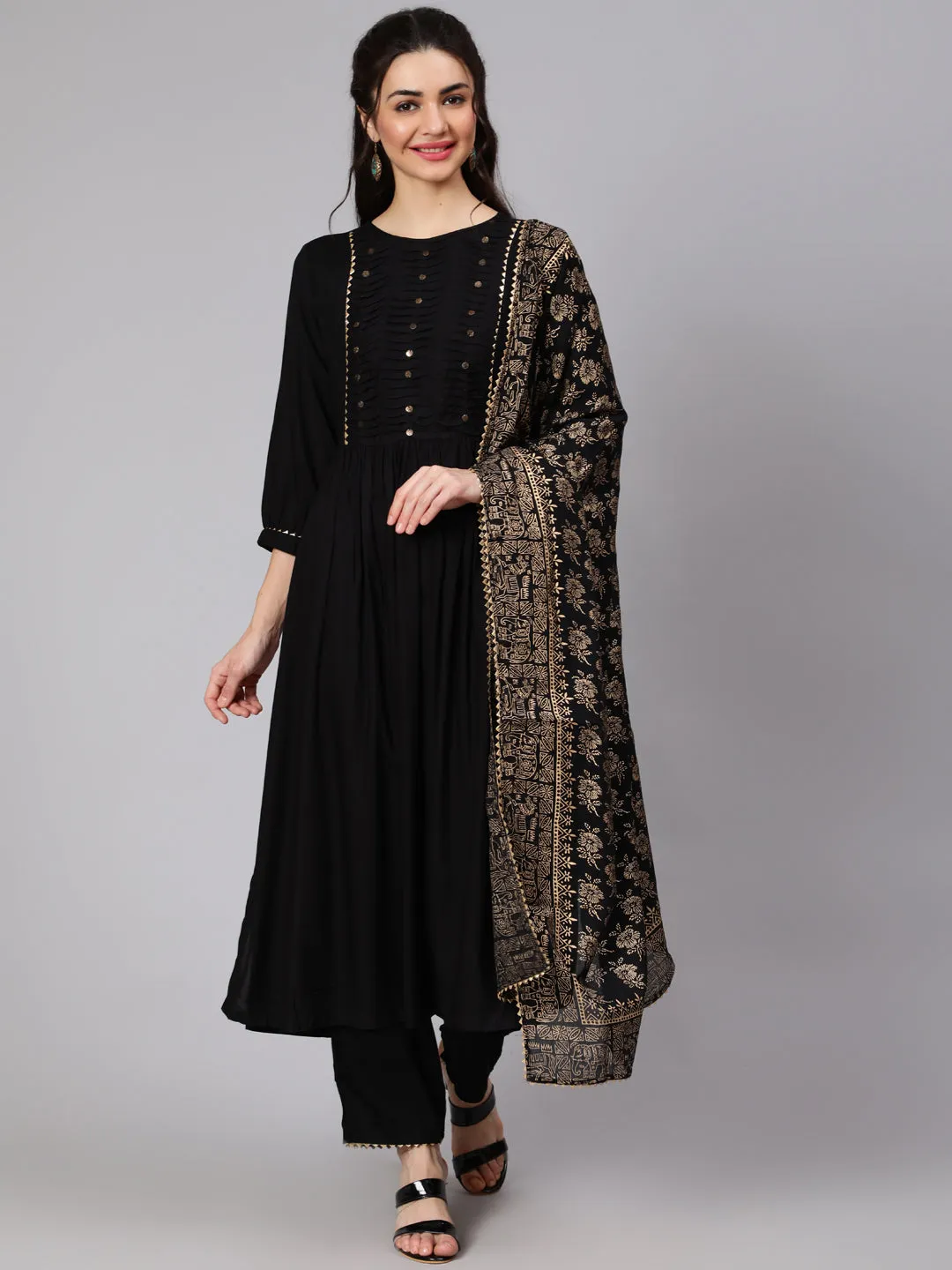 Women Black Gathered Kurta With Plazo & Dupatta