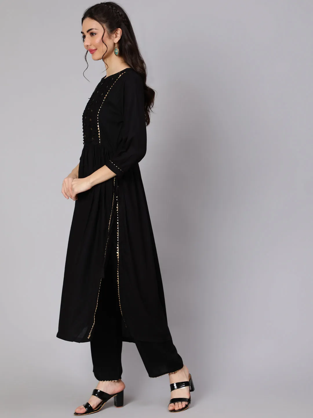 Women Black Gathered Kurta With Plazo & Dupatta