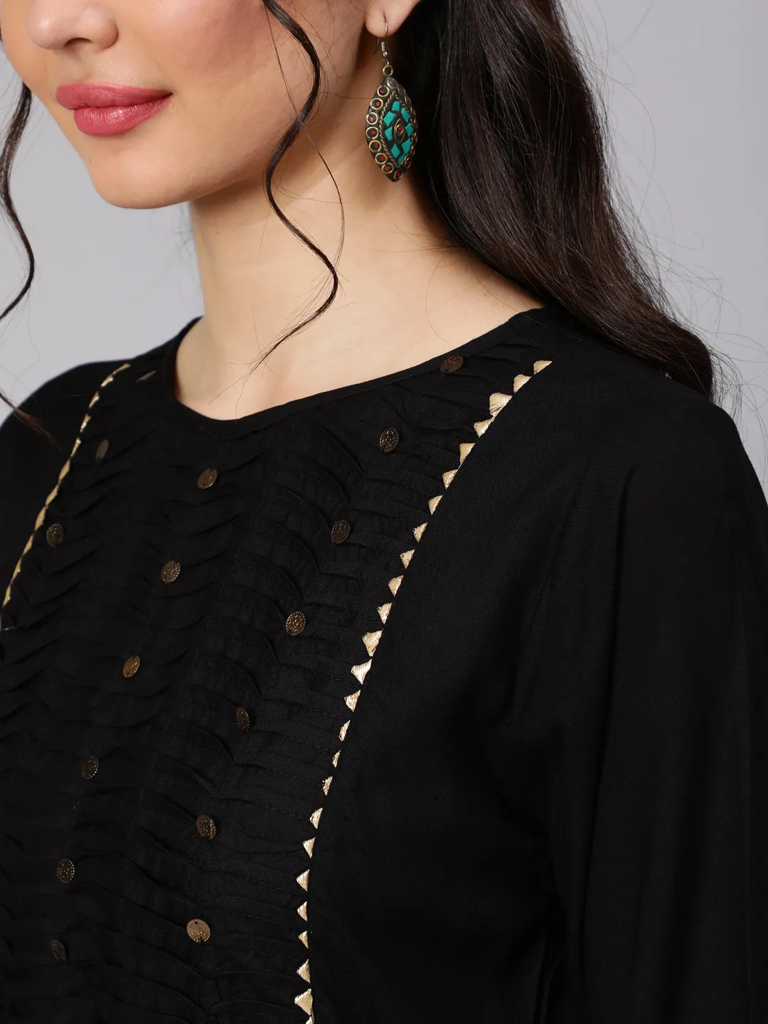 Women Black Gathered Kurta With Plazo & Dupatta