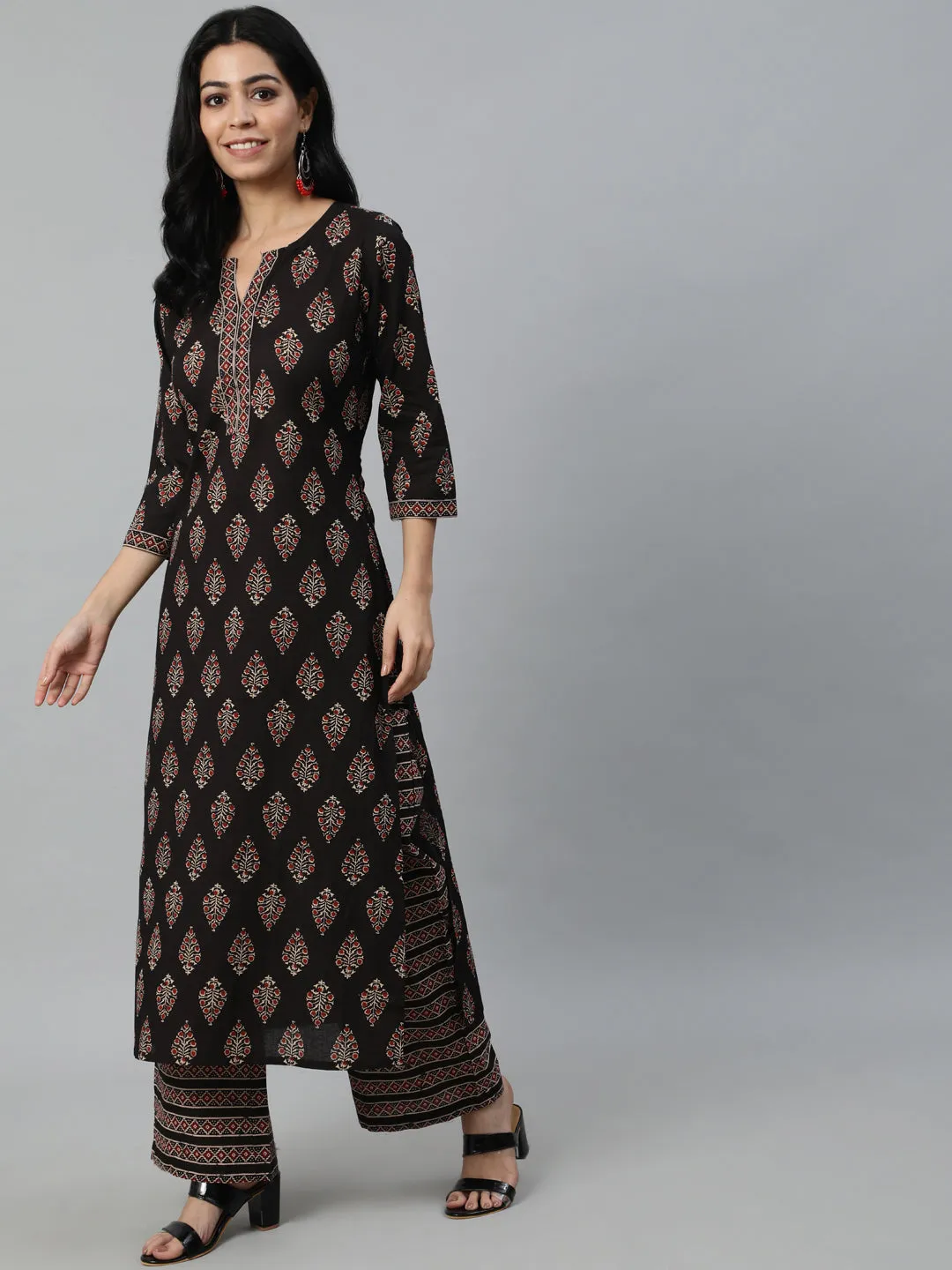 Women Black Printed Straight Kurta With Plazo & Dupatta