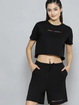 Women Black Terry Active Crop T-Shirt With Drawstring Shorts