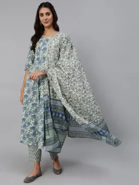 Women Blue & Cream Floral Printed Kurta Set With Trouser & Dupatta