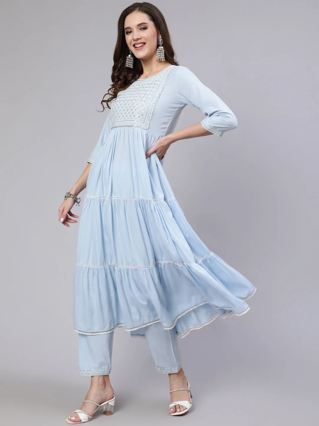 Women Blue Embroidered Flared Kurta With Trouser And Dupatta