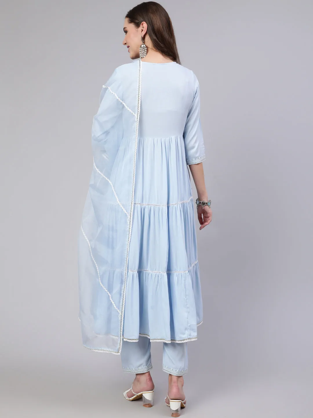 Women Blue Embroidered Flared Kurta With Trouser And Dupatta