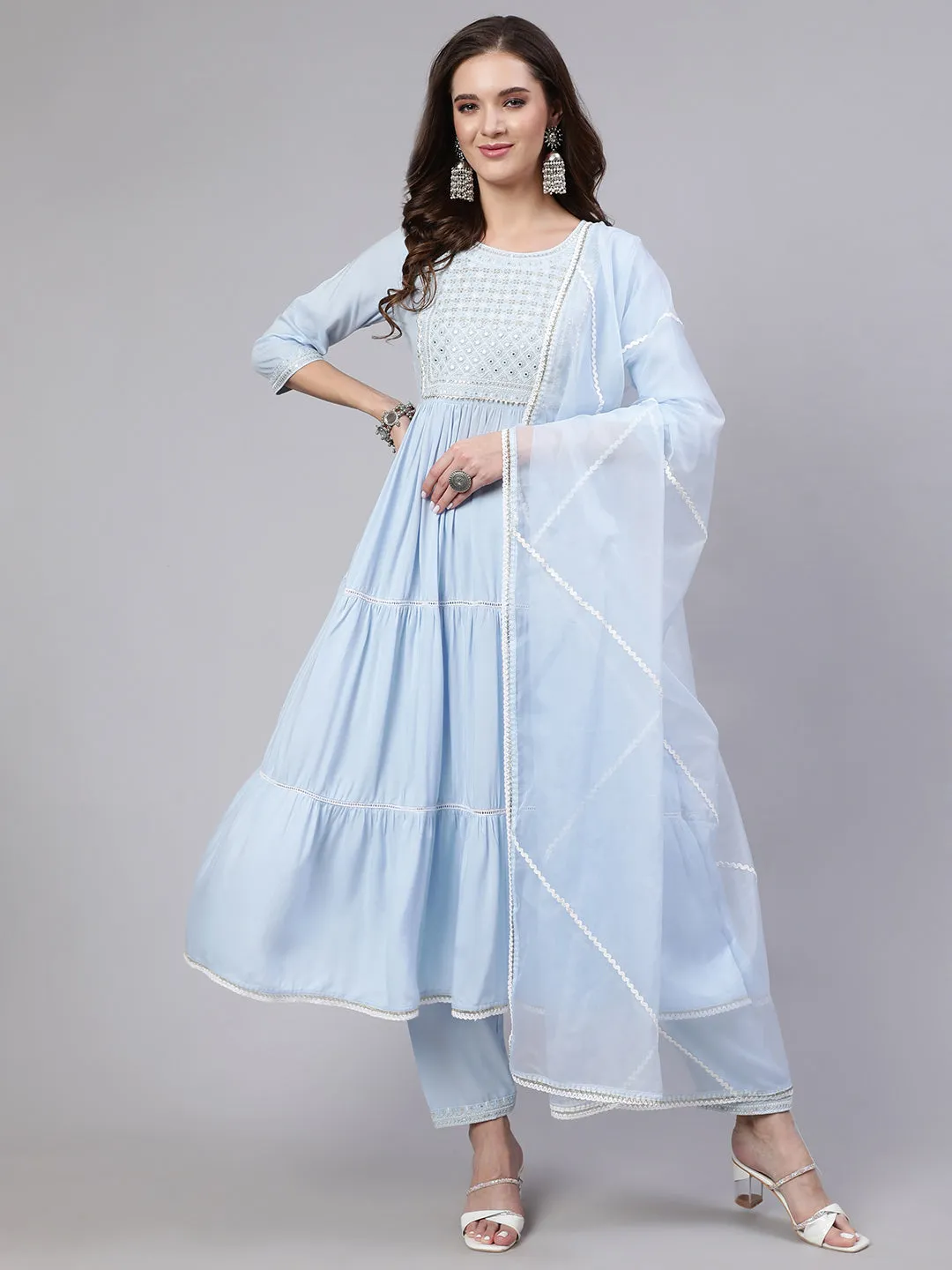 Women Blue Embroidered Flared Kurta With Trouser And Dupatta