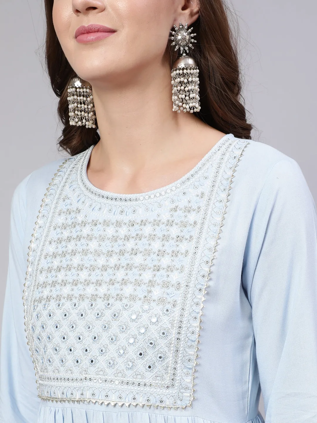 Women Blue Embroidered Flared Kurta With Trouser And Dupatta