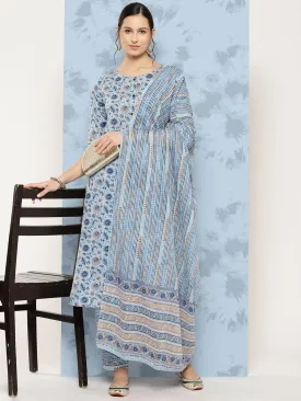 Women Blue Floral Printed A-Line Kurta With Palazzo And Dupatta