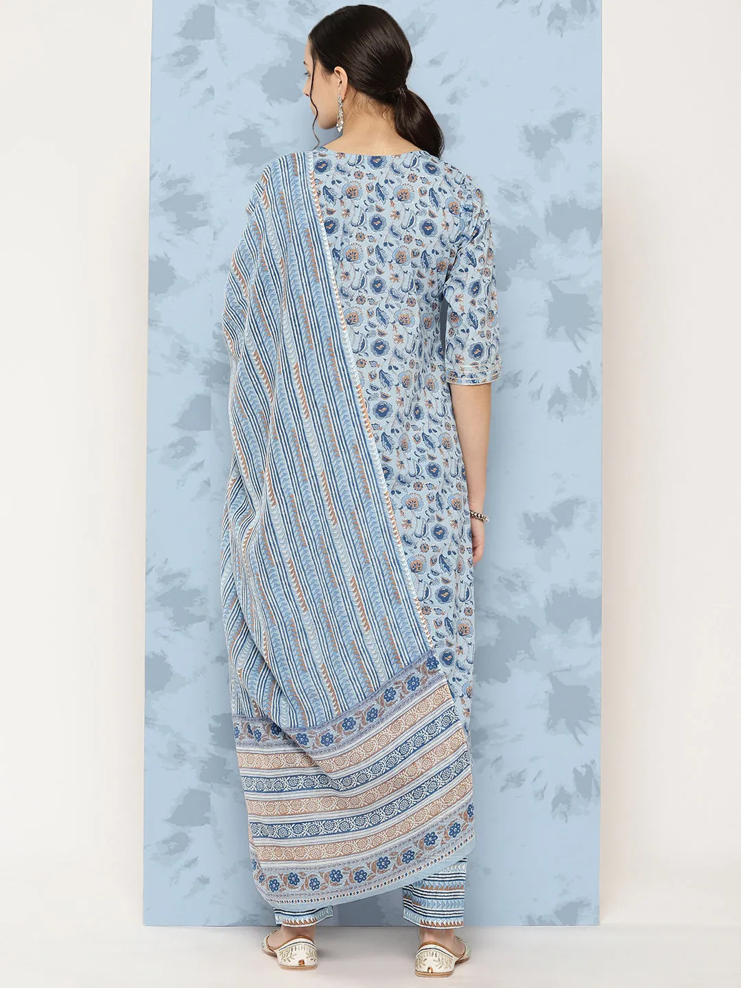 Women Blue Floral Printed A-Line Kurta With Palazzo And Dupatta