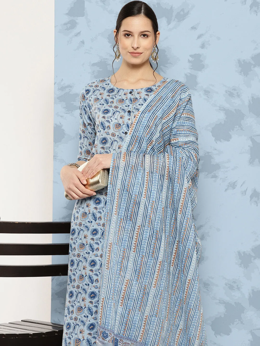 Women Blue Floral Printed A-Line Kurta With Palazzo And Dupatta